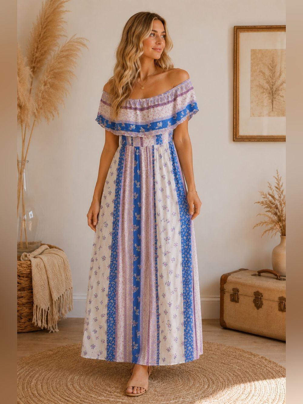Versona Off-Shoulder Maxi Dress in Blue and Cream